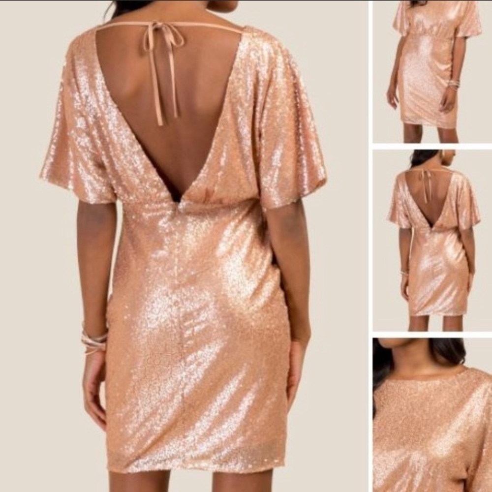 🌸2/$25 NWT Francesca’s Tatiana Rose Gold Sequined Dress - Picture 2 of 14